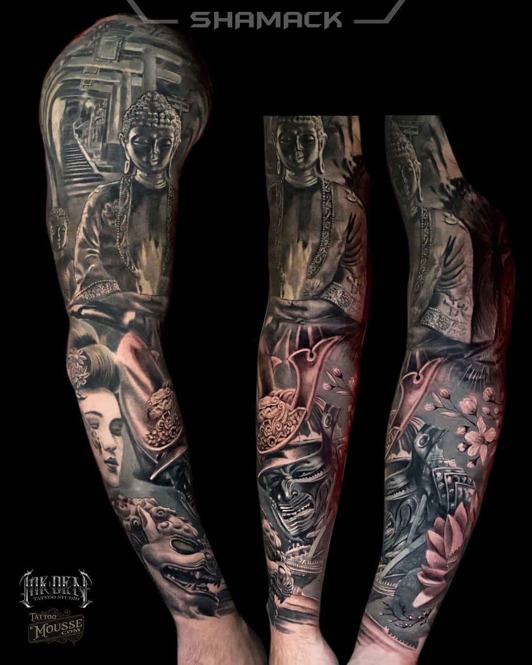 Three views of a full-sleeve black and gray tattoo with red accents on an arm