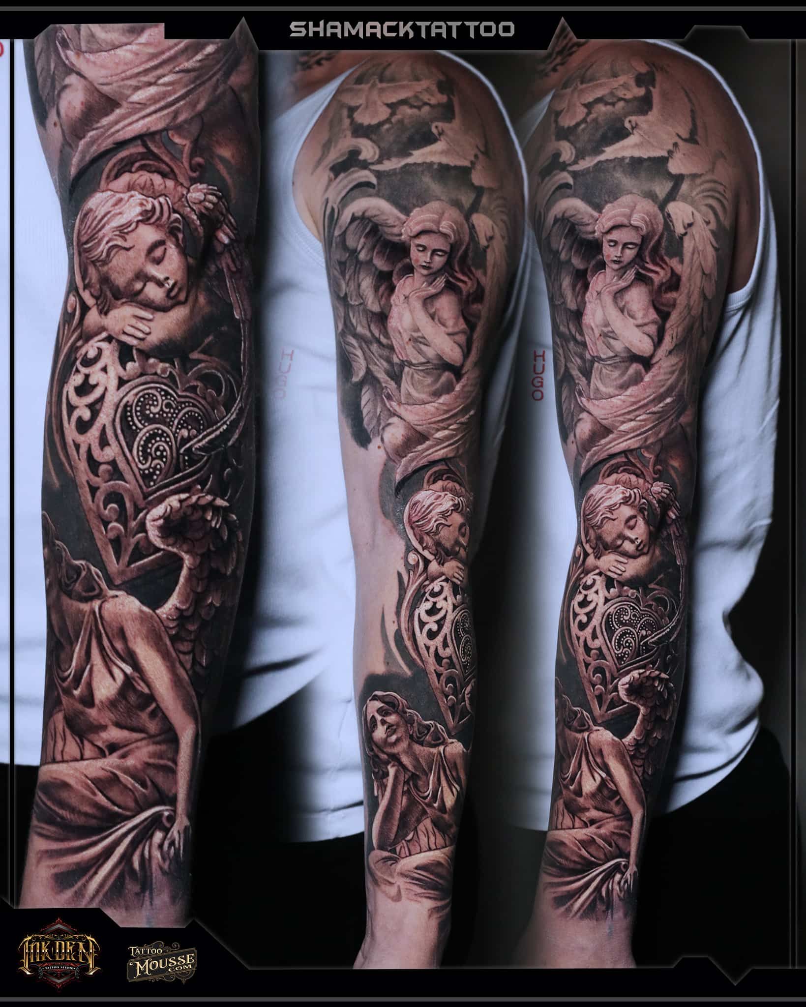 Two heavily tattooed forearms shown side by side with detailed black and gray sleeve designs