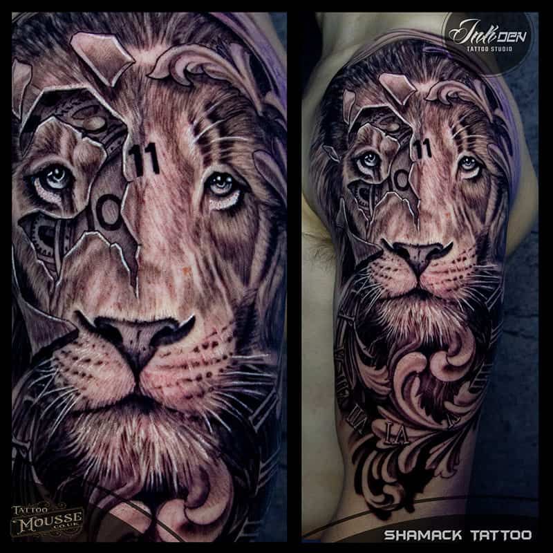 Side-by-side lion face tattoo designs in grayscale with purple accents and decorative swirls