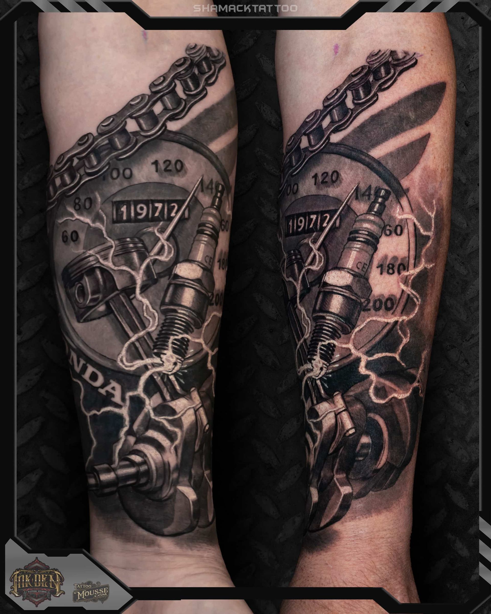 Side-by-side black and gray tattoo sleeve designs on legs, featuring chains, gauges, and industrial details.