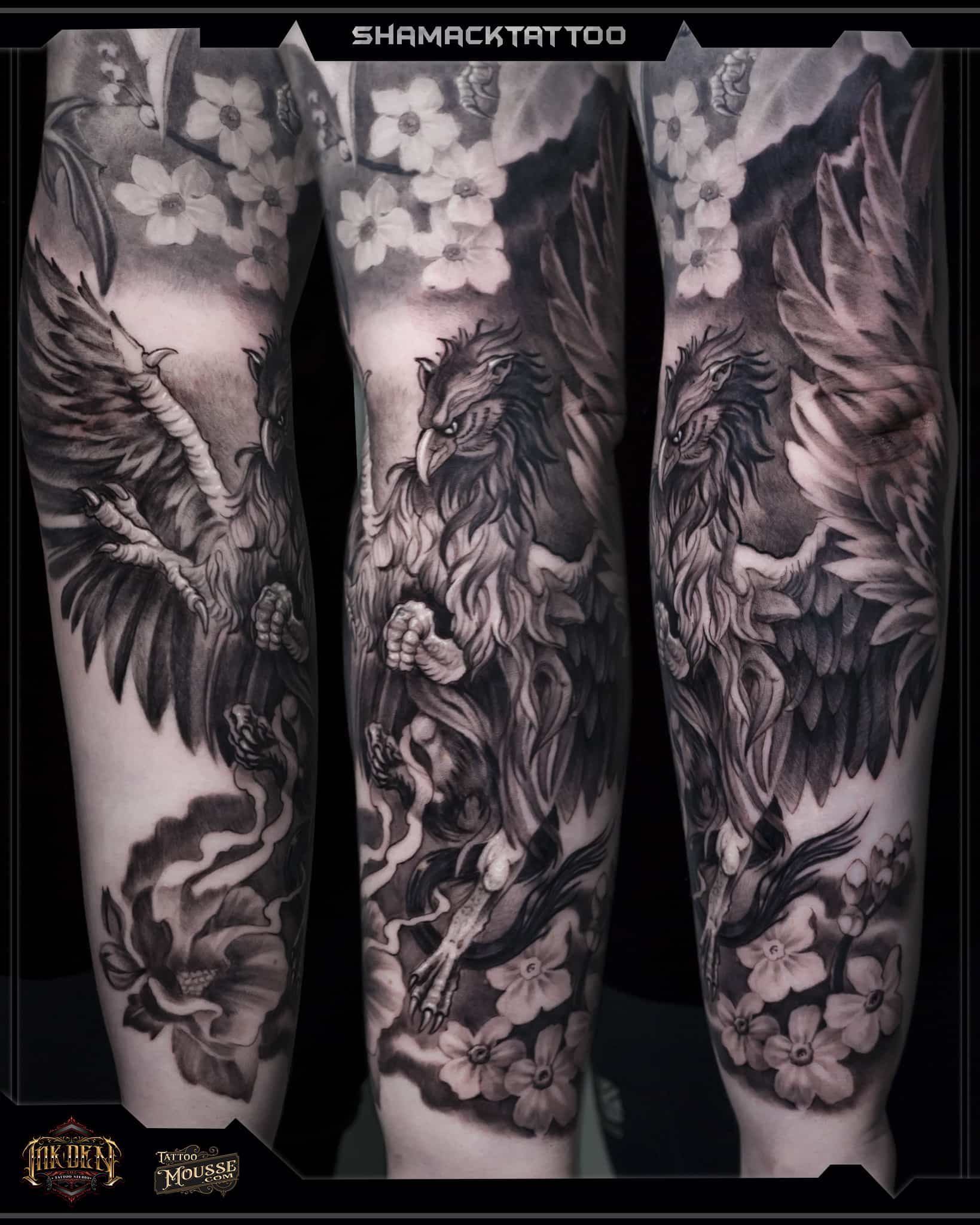 Three black-and-gray tattoo sleeve designs with wolves, flowers, and a moon on forearms