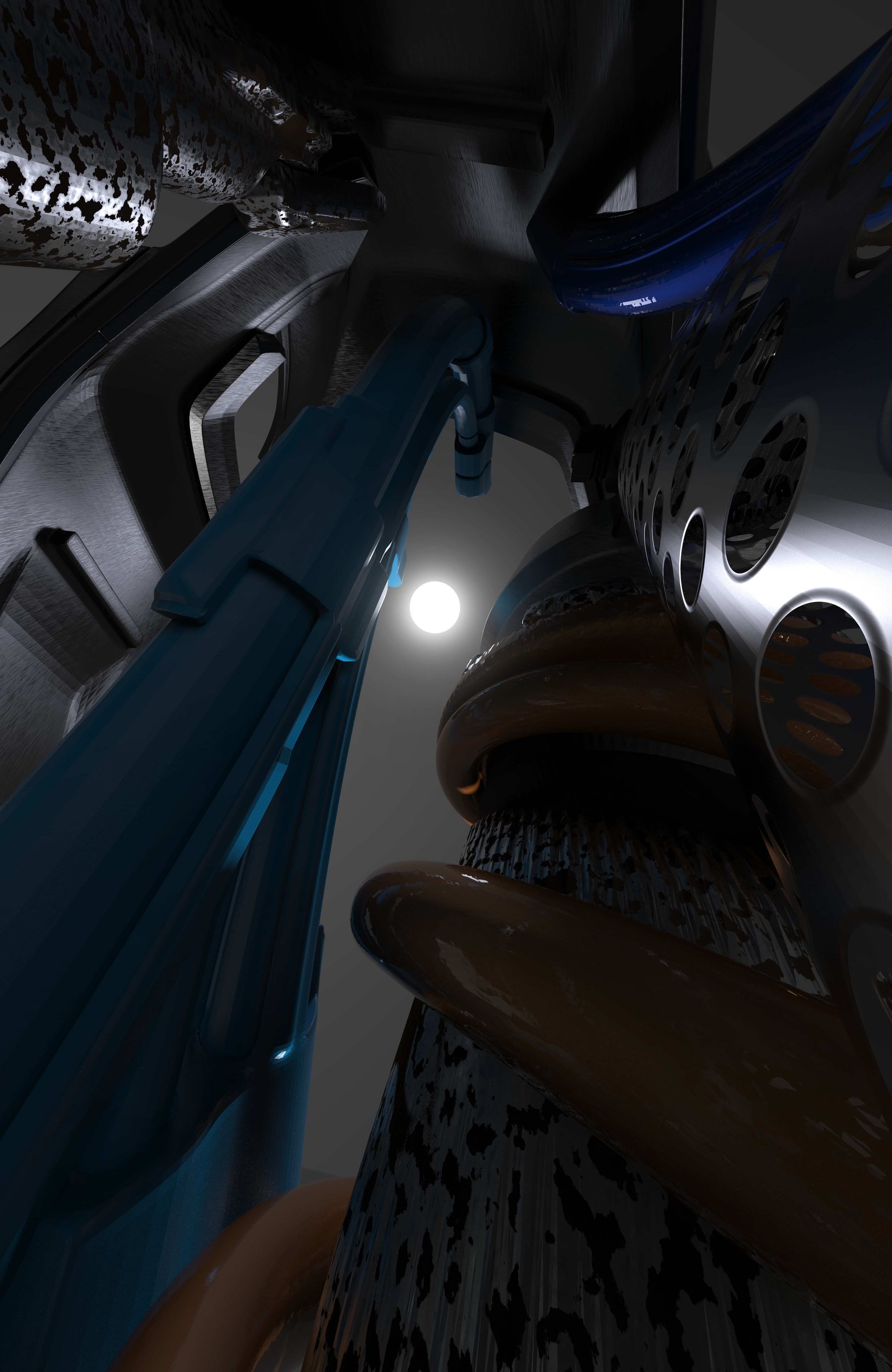 Dark, abstract close-up of metallic blue and white surfaces with a bright light reflection and brown curved shapes
