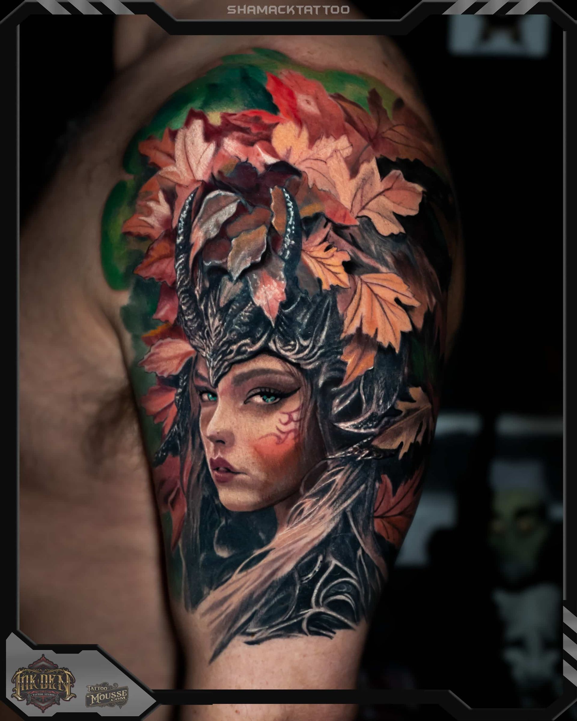 Colorful tattoo of a woman’s face with feathers and flowers on a forearm