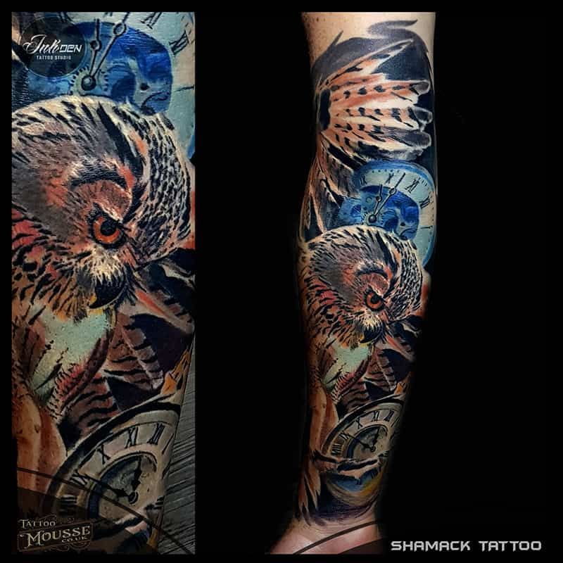 Two views of a colorful forearm tattoo with a spiral shell, blue eye, and clock-like details