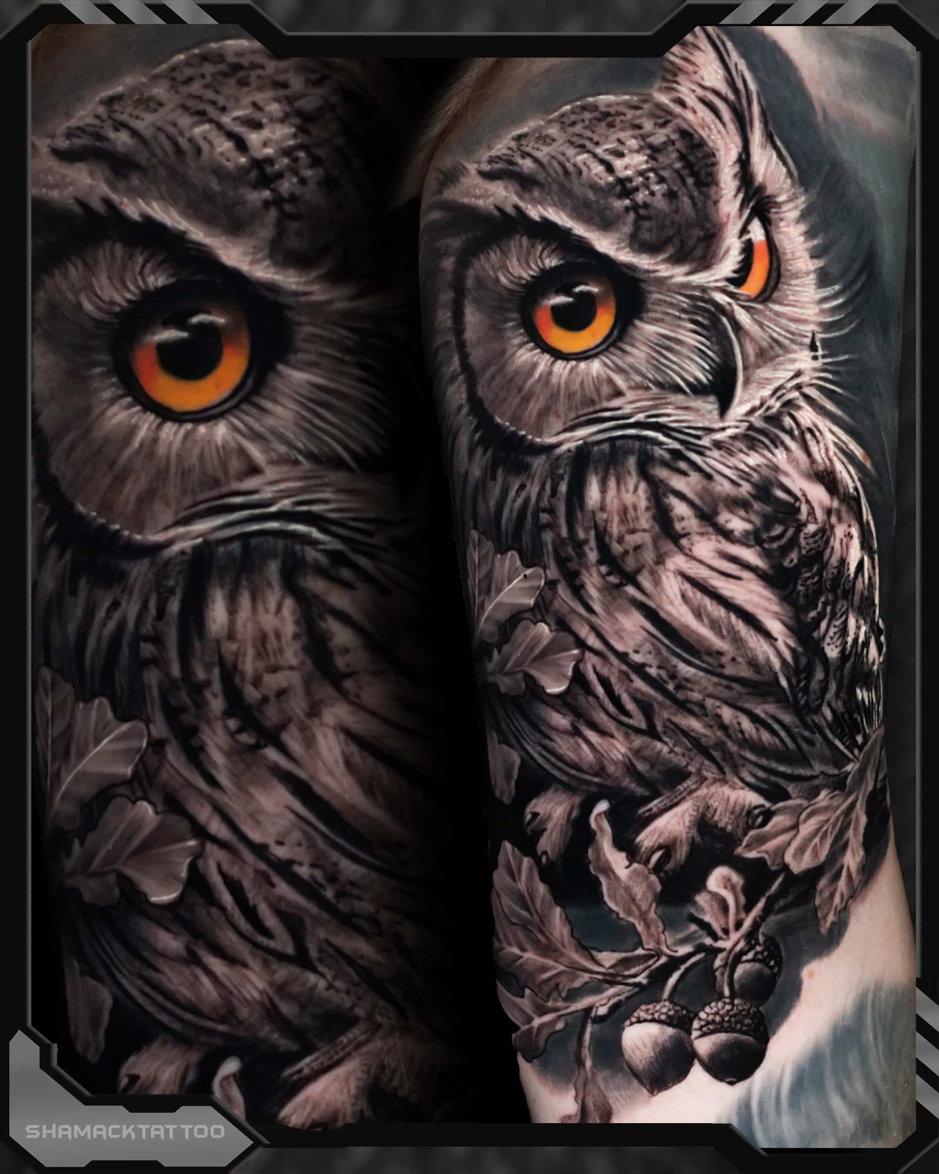 Two realistic owls with glowing orange eyes in a dark, split-panel portrait
