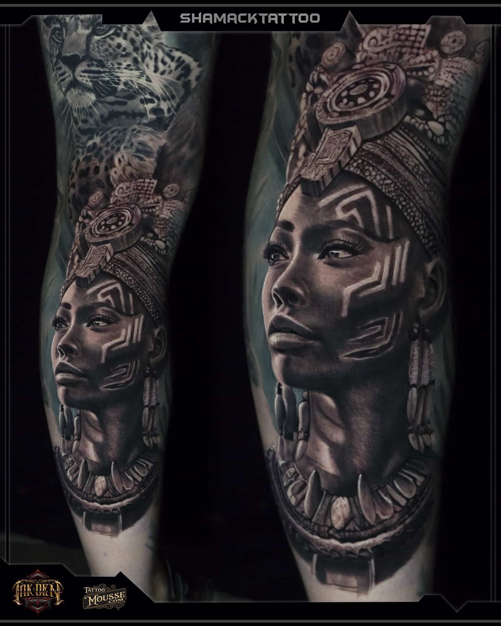 Tattoos of a woman’s face on forearms in black and gray with detailed ornamental designs