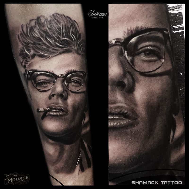 portrait of James Dean forearm-black and gray tattoo Done at Inkden Tattoo Studio by Shamack Malachowski Blackpool best shop and Tattoo Mousse