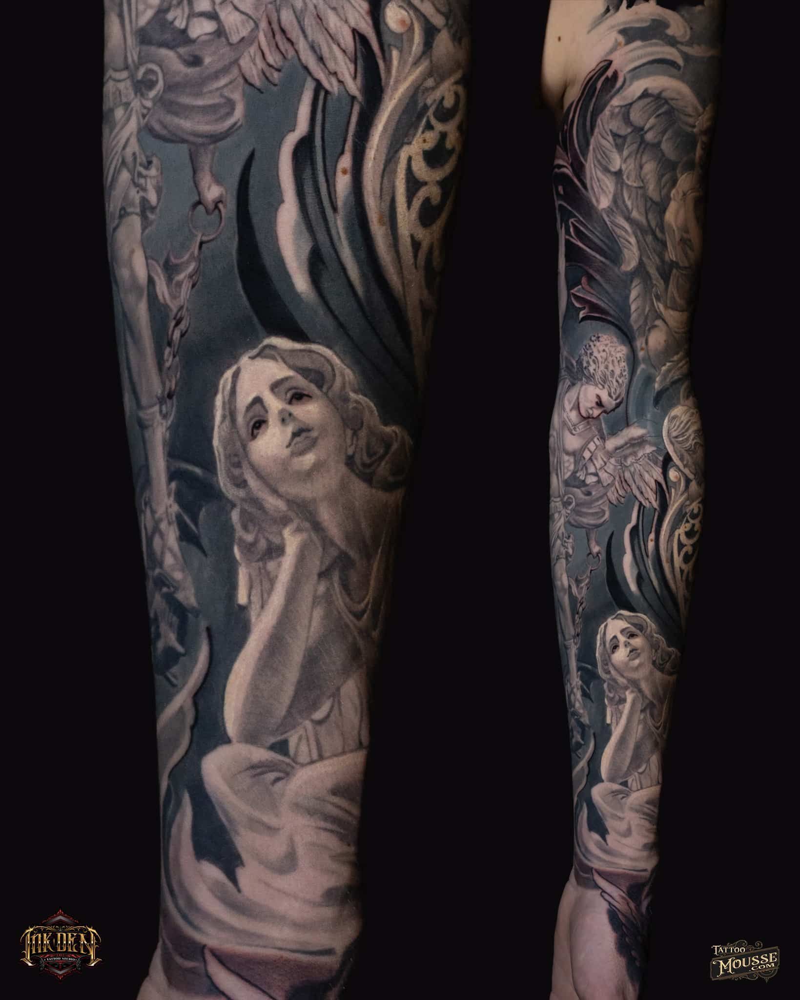 Tattooed lower legs with grayscale portrait and ornate floral designs on a black background
