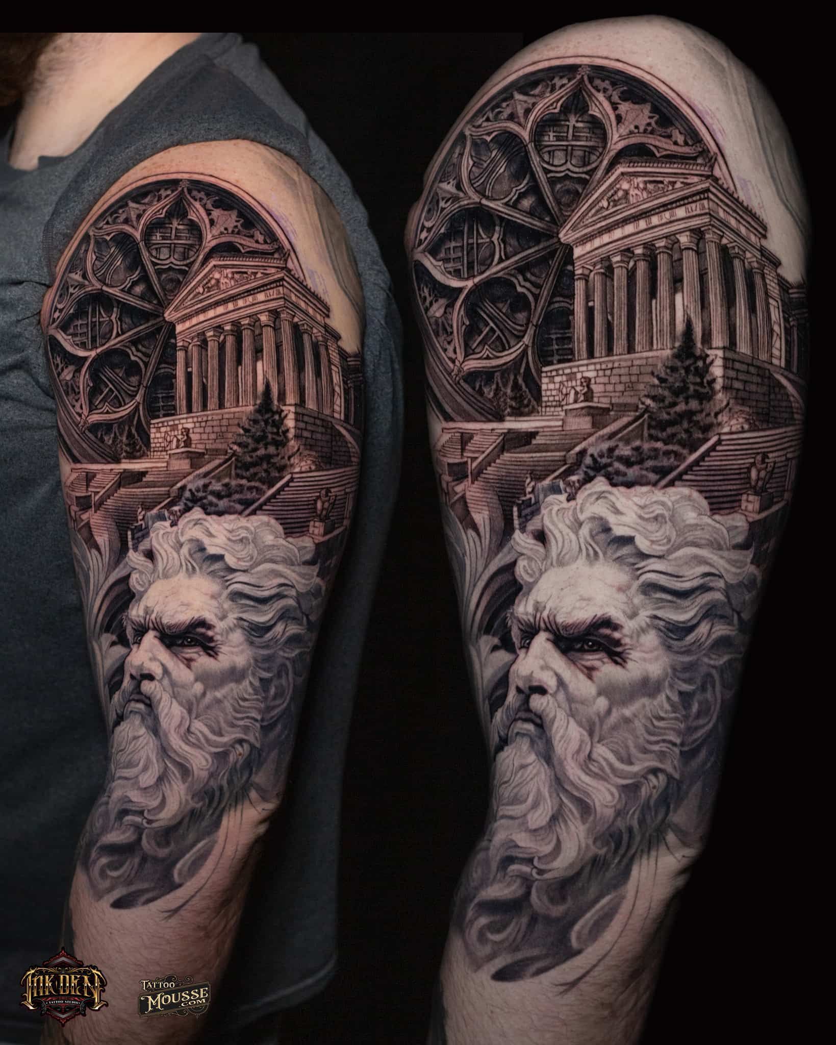 Matching black-and-gray sleeve tattoos of a classical temple and bearded face on two arms