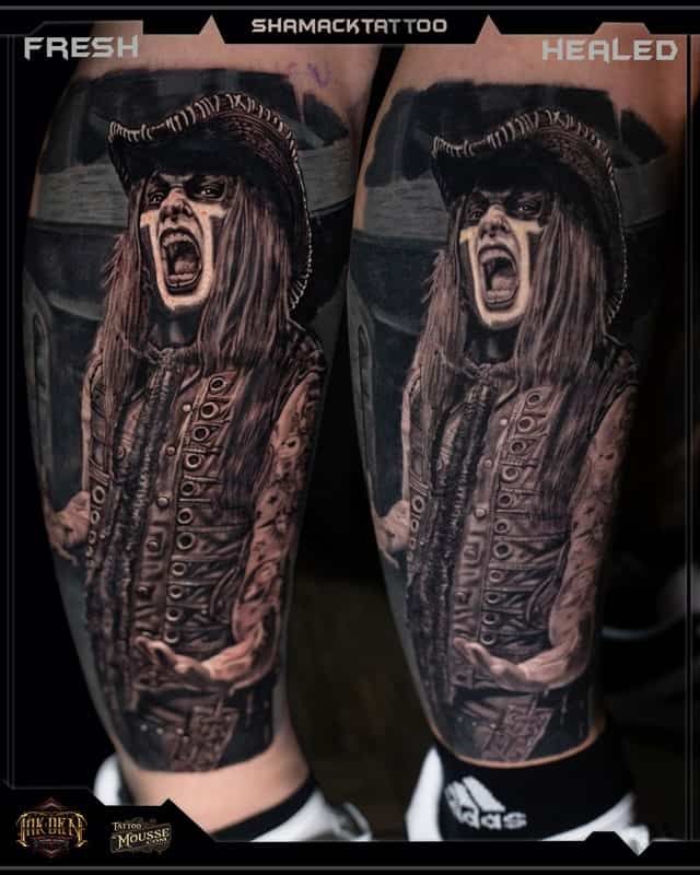 Side-by-side tattooed calf sleeves showing fresh versus healed black-and-gray horror portraits.