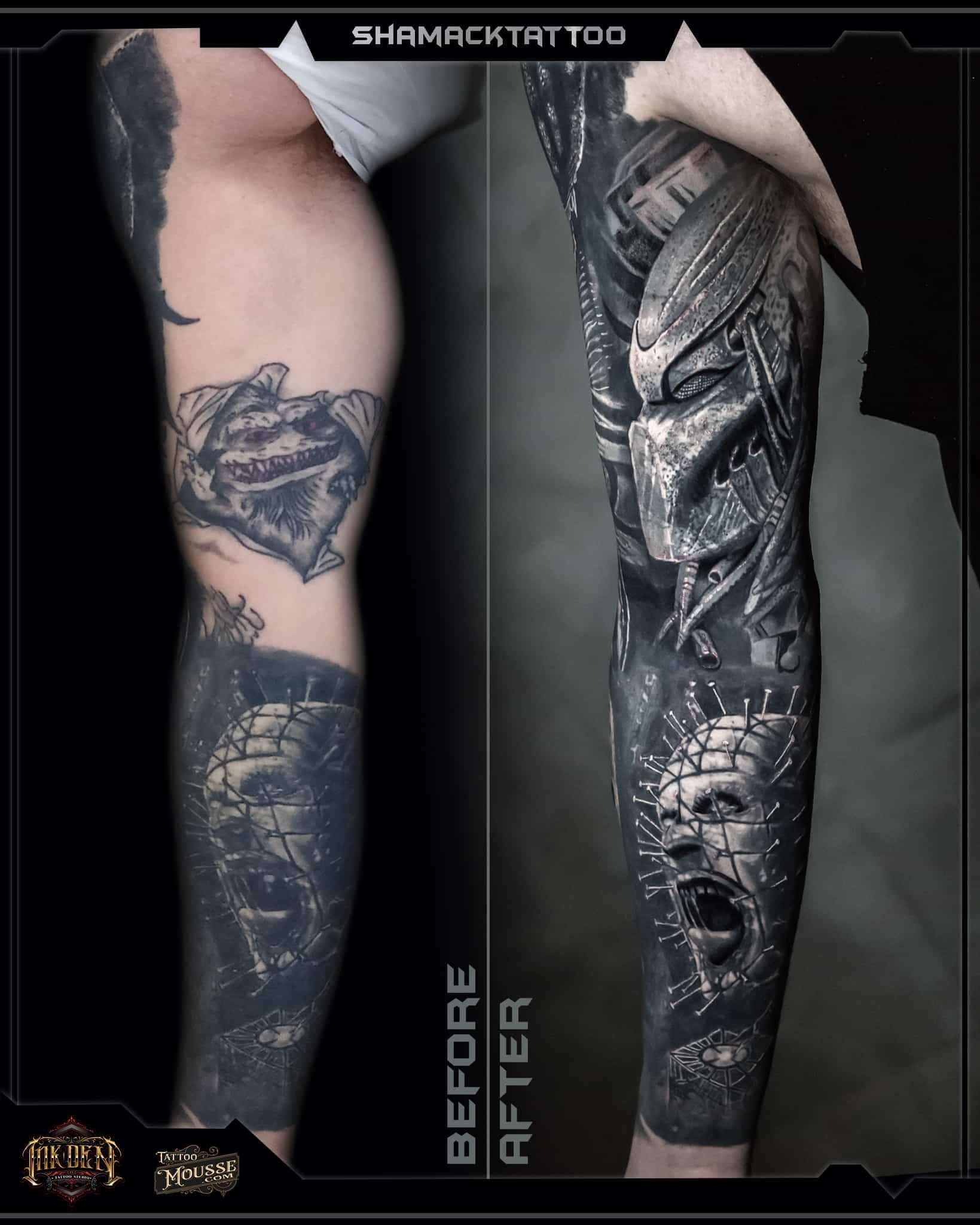 Legs with black tattoo designs, one leg heavily covered in intricate dark ink