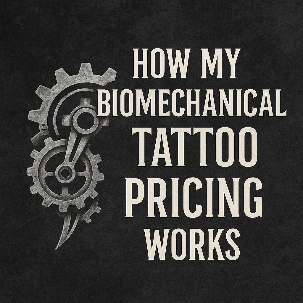 White text on dark background reading “How My Biomechanical Tattoo Pricing Works” with a gear illustration.