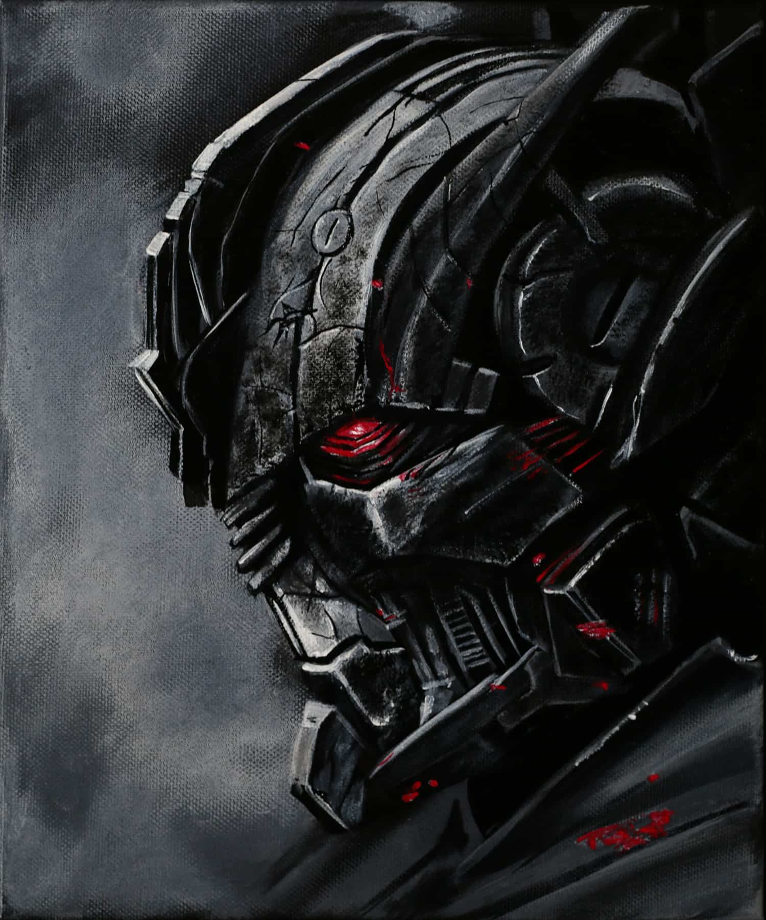 Dark robotic helmet with glowing red eyes against a smoky gray background
