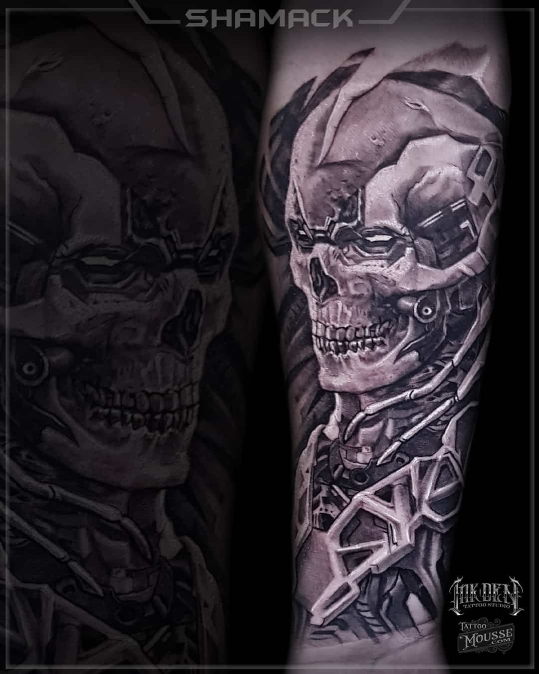 Black-and-gray tattoo sleeve featuring a skull with mechanical details and a grim face