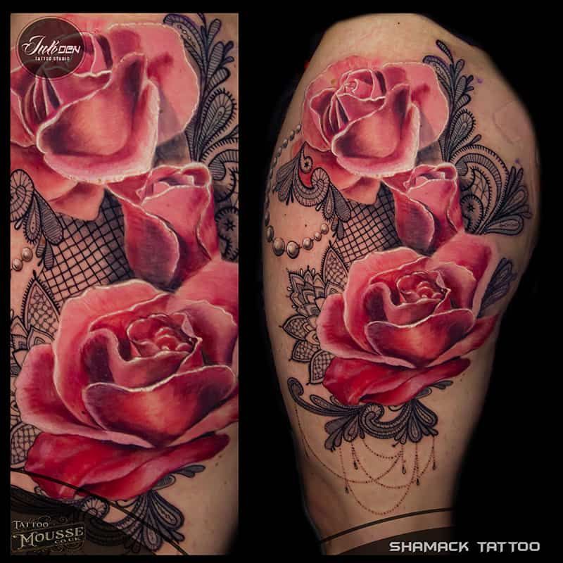 Pink rose and lace tattoo design on a forearm, shown in two side-by-side views.