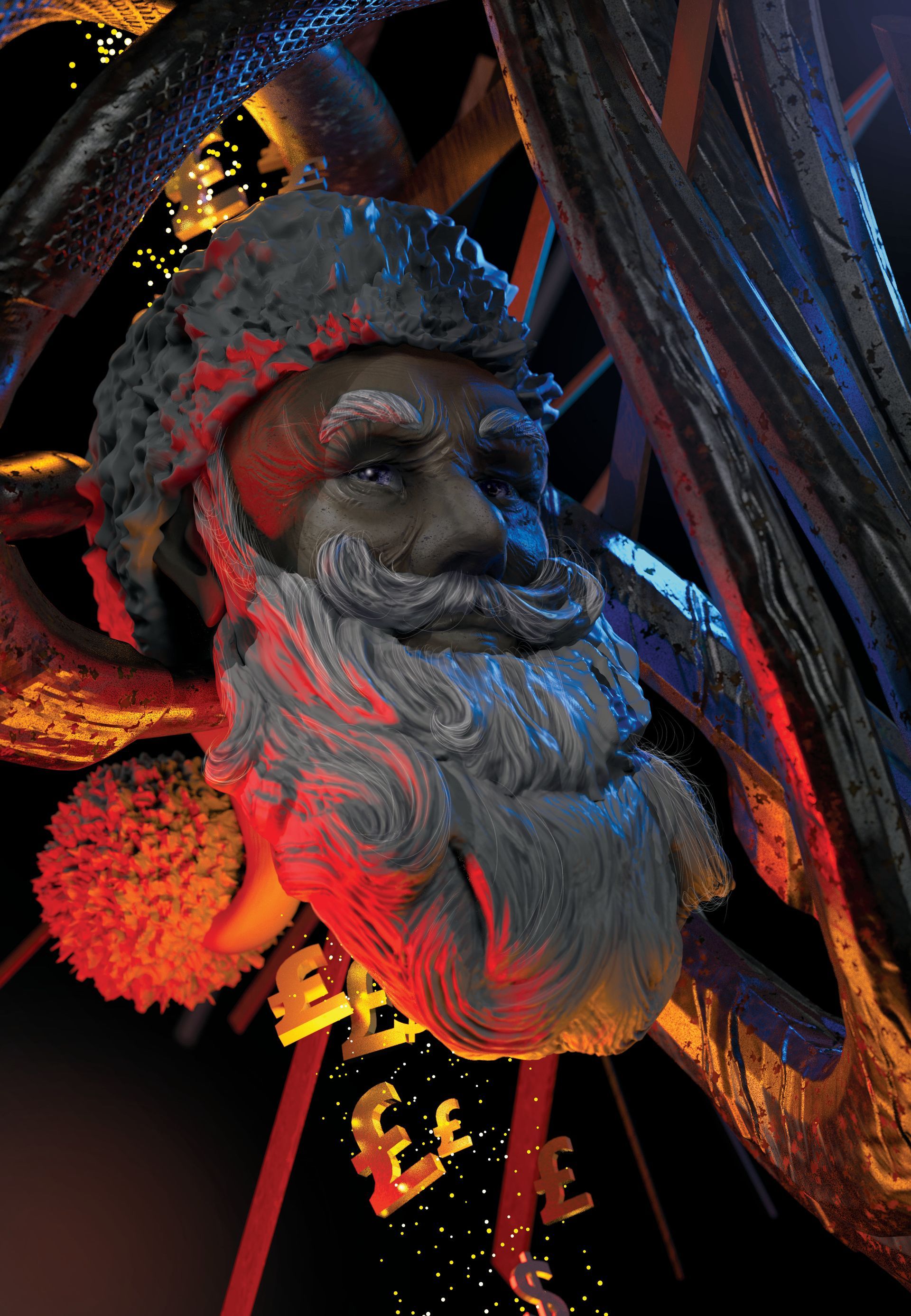 Close-up of a festive Santa ornament with a red-and-white beard, lit by red and blue lights.