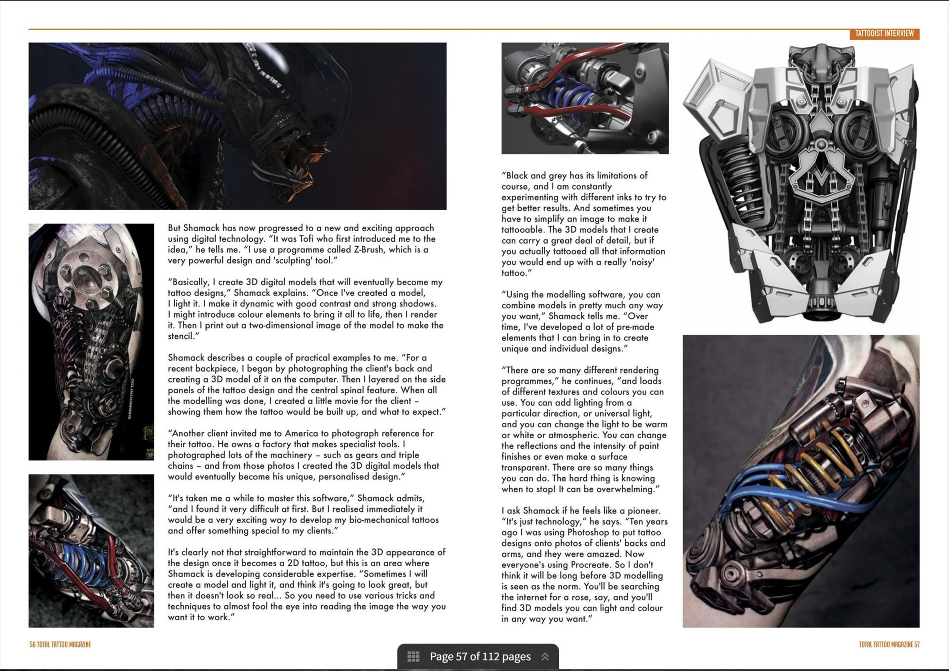3D mechanical reference sculptures and realism back tattoo by Shamack, showing advanced biomech structure and design.