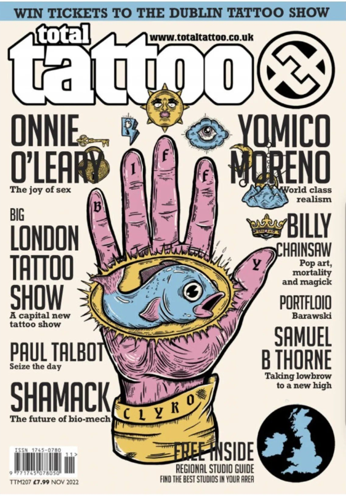 Tattoo magazine cover with colorful hand illustration and artist names including O’Leary, Moreno, Chin, and Bisson.