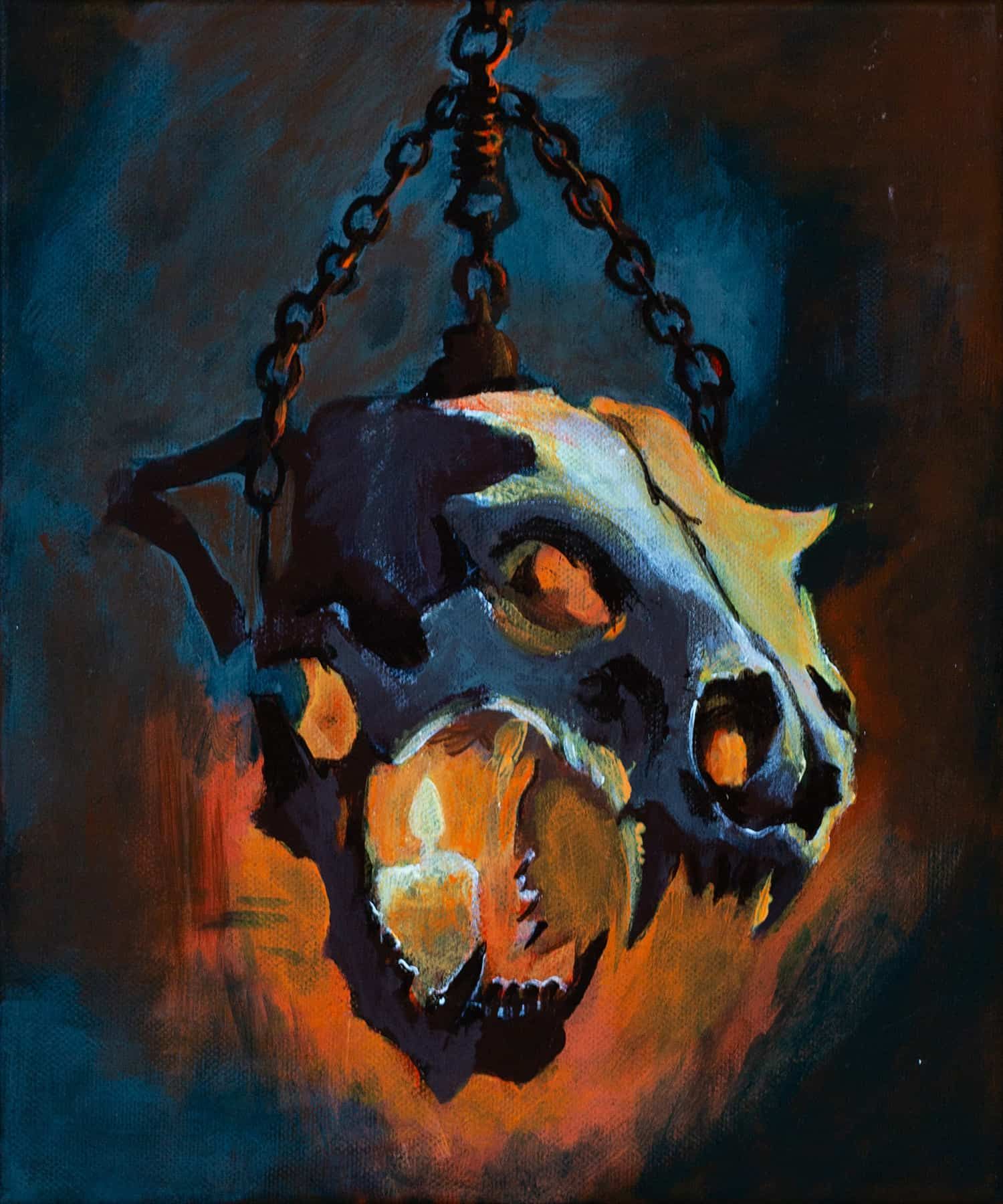 A glowing skull on a hanging chain, painted in dark blue and orange tones.