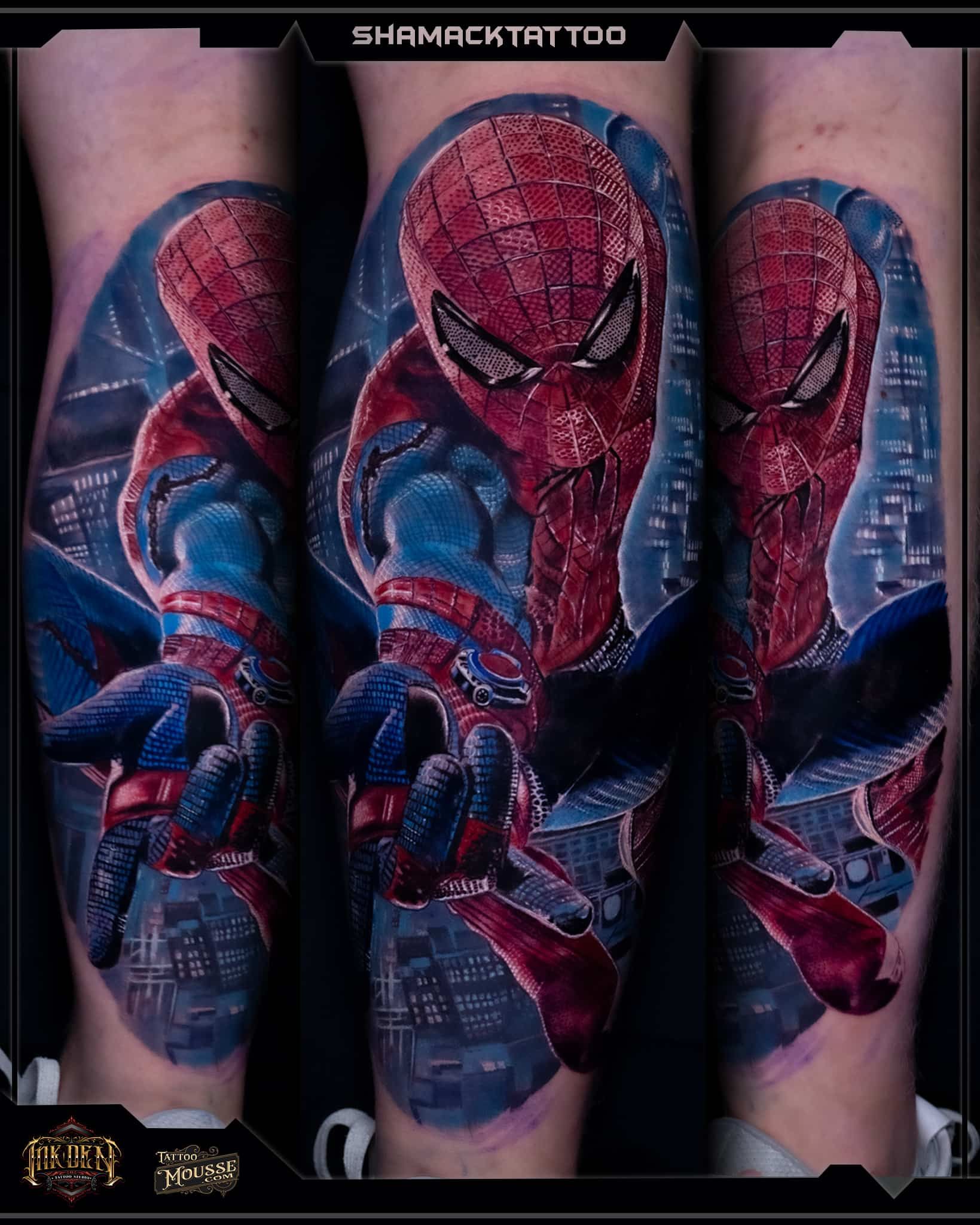 Spider-Man tattoo design on a forearm, showing a red-and-blue masked face and web-slinging figures
