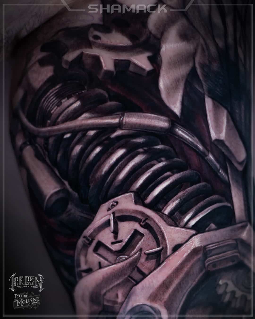 Abstract dark tattoo design of a mechanical spring with gears and metallic purple shading