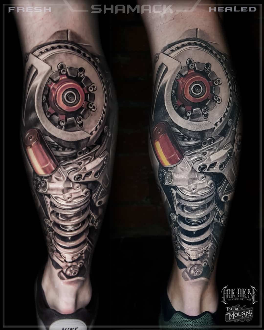Pair of detailed biomechanical leg tattoos with red mechanical elements on calves, shown side by side on black background