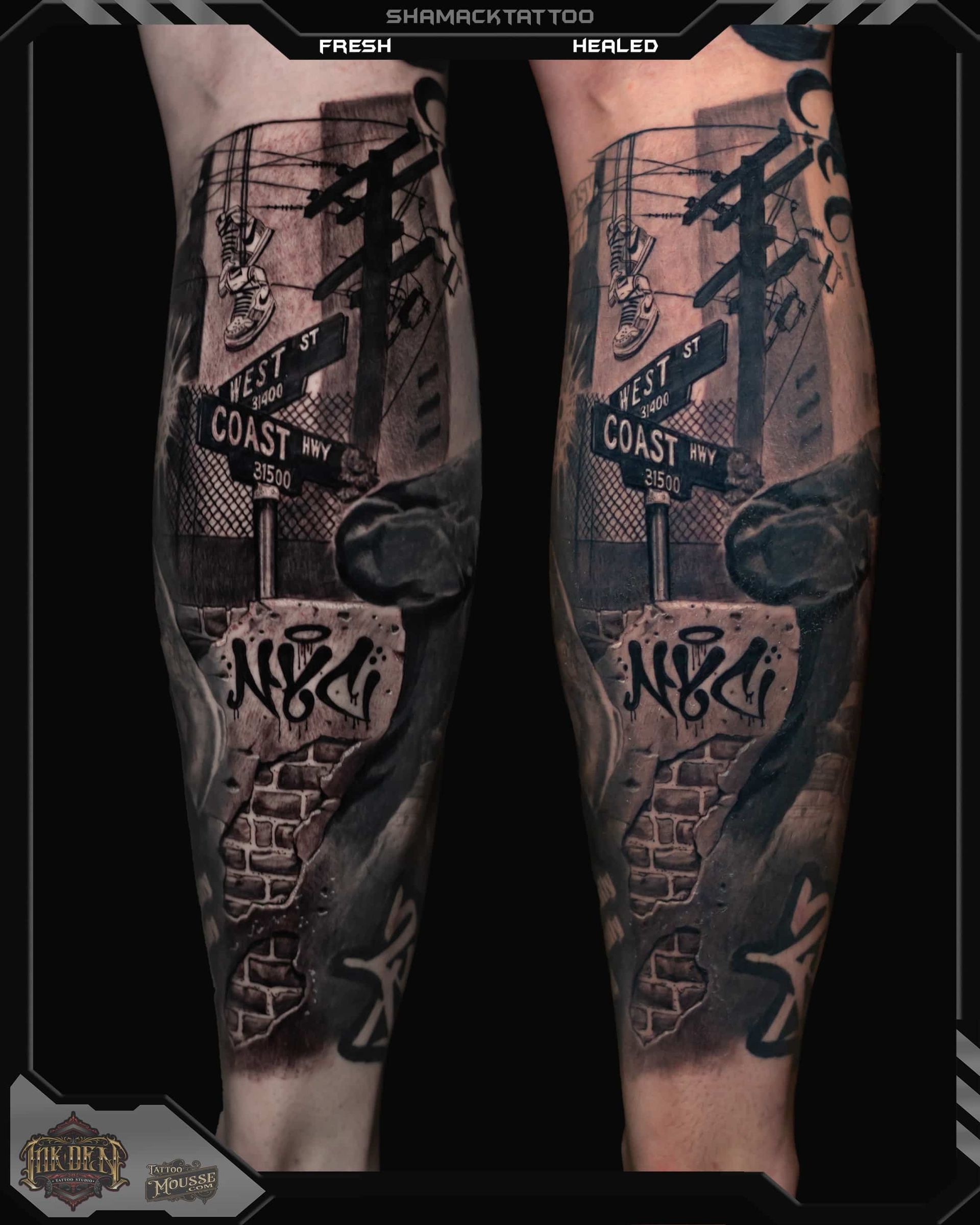Two tattooed calves with black-and-gray graffiti-style designs, shown side by side on a dark background.