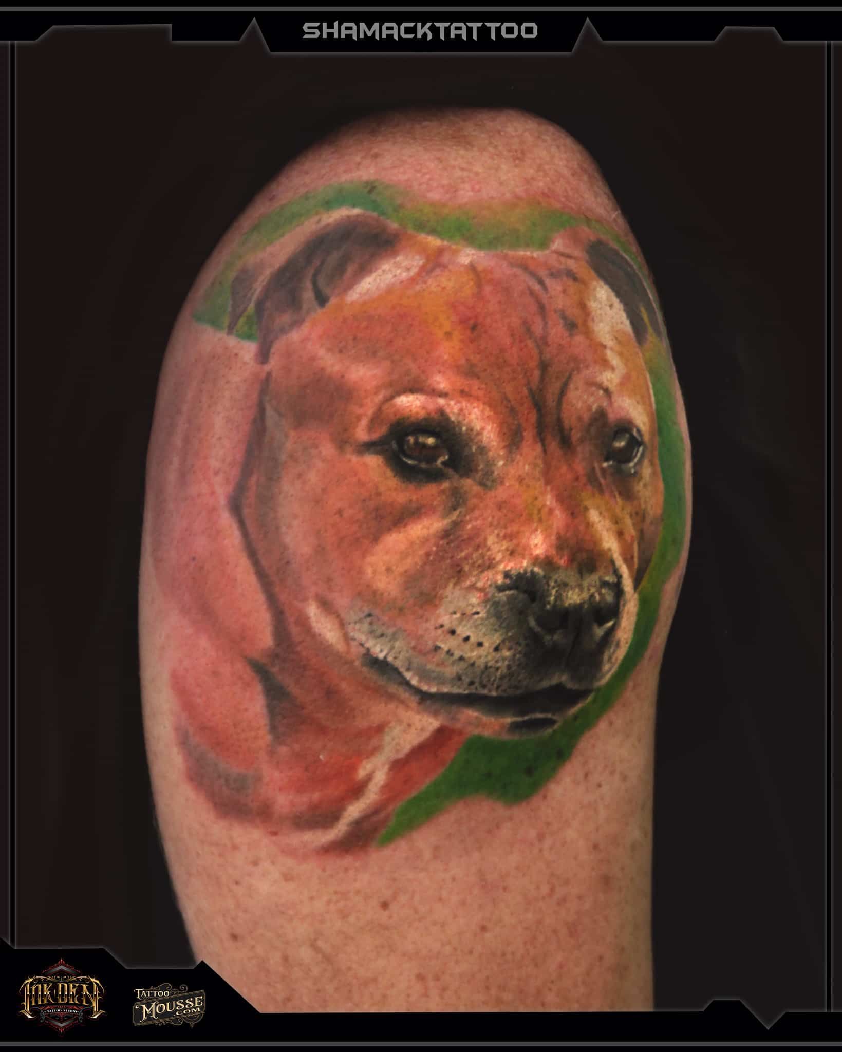 Dog portrait tattoo in warm brown and black ink on a person's upper arm