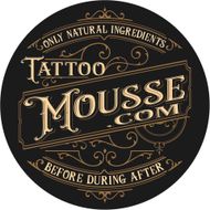 Circular black logo with ornate gold text: “Tattoo Mousse .com” and “Only natural ingredients before during after.”