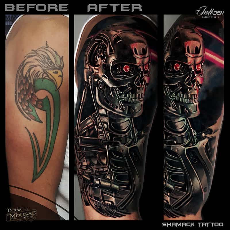 Before-and-after tattoo: green dragon design transformed into a dark red cyborg skull sleeve.