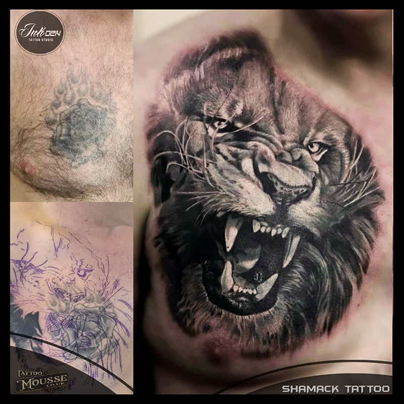 Tattoo collage showing a realistic roaring tiger face and a faded sketch on skin