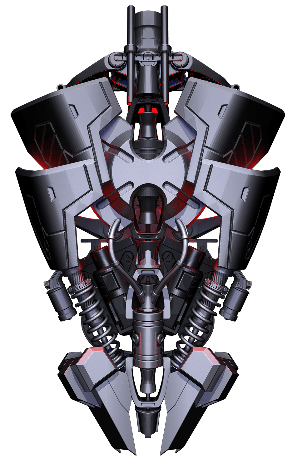 Stylized metallic robotic figure with red accents, centered on a white background