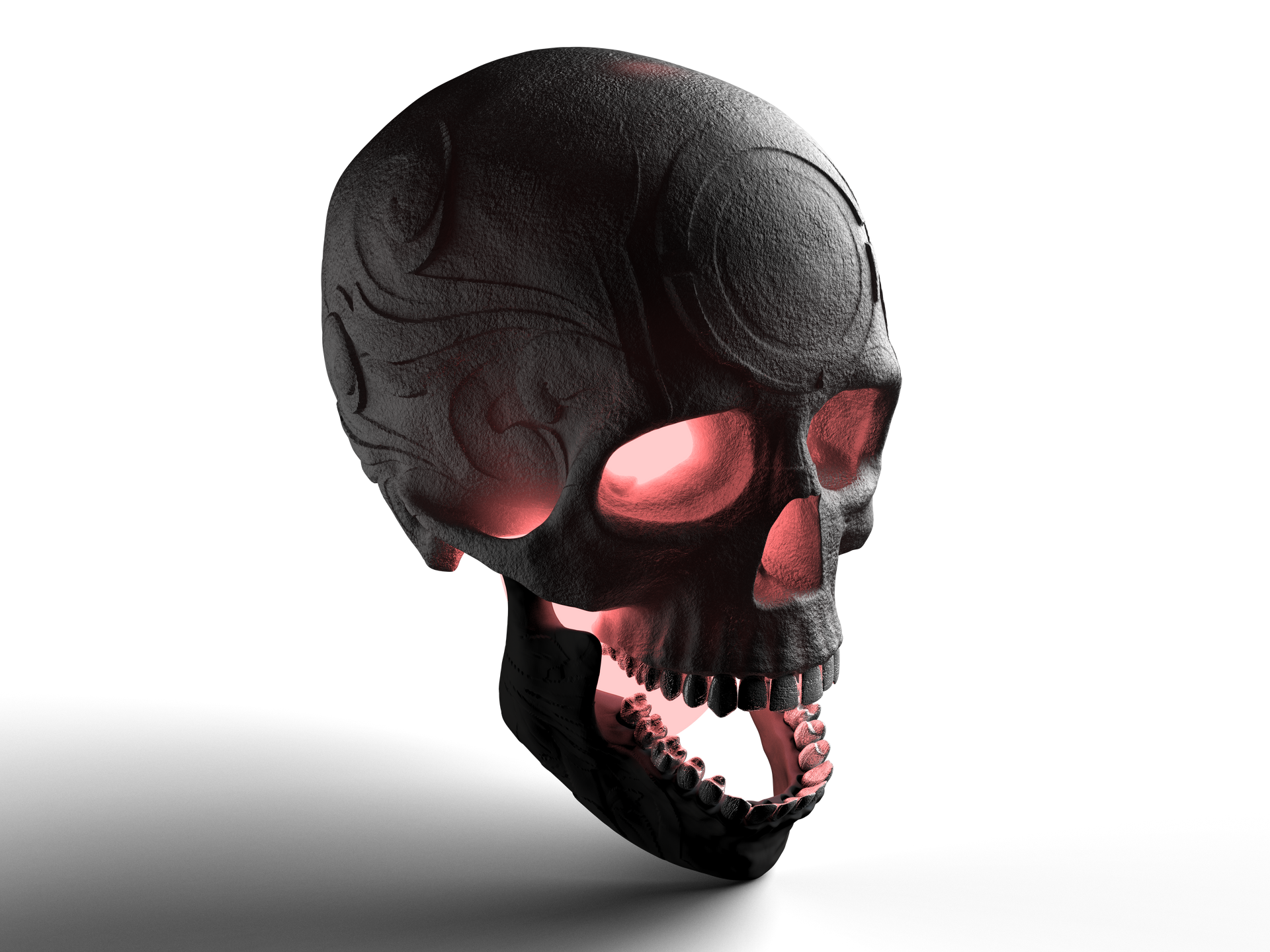 Black skull illustration with glowing red eye sockets and open jaw on a white background