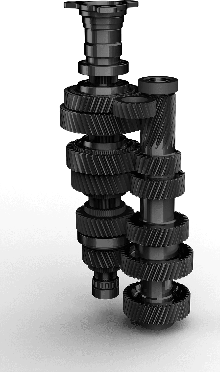 Stack of black mechanical gears and cylindrical parts arranged in a vertical column on a white background