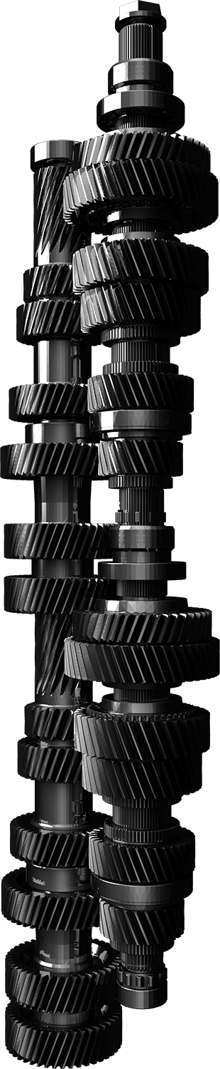 Black and silver metal gear shaft assembly with multiple stacked gears on a white background