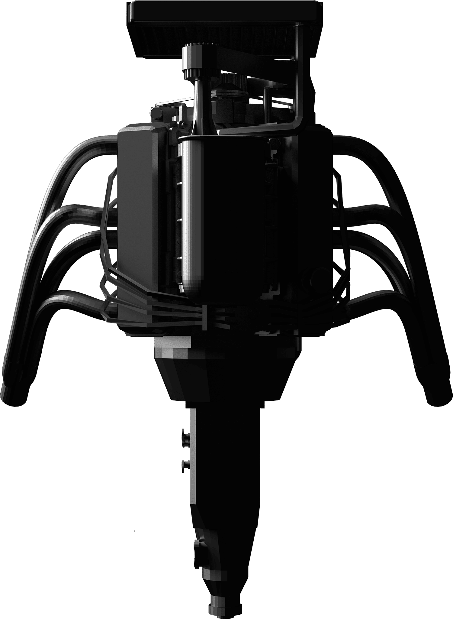 Black industrial machine with multiple hoses and a central cylindrical body on a white background