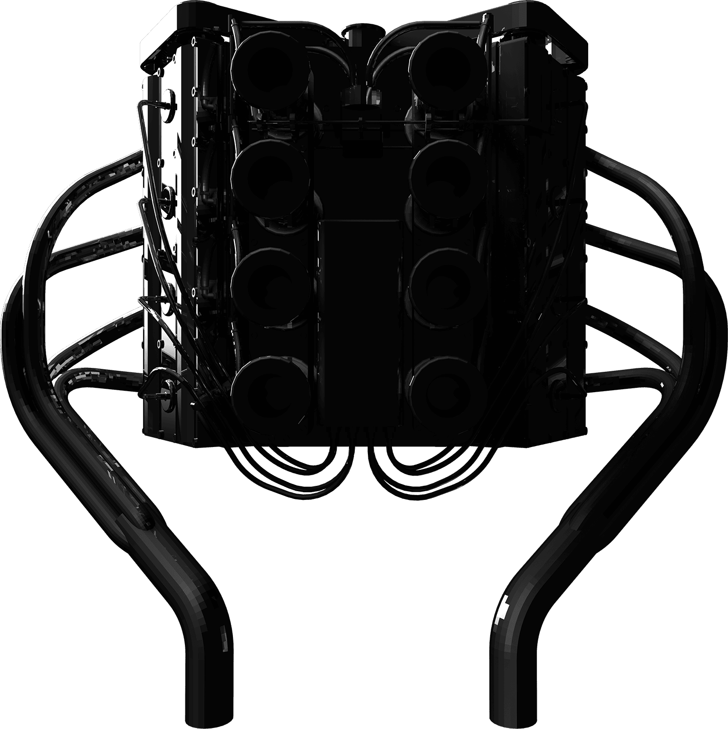 Black multi-tube exhaust header with curved pipes on a white background