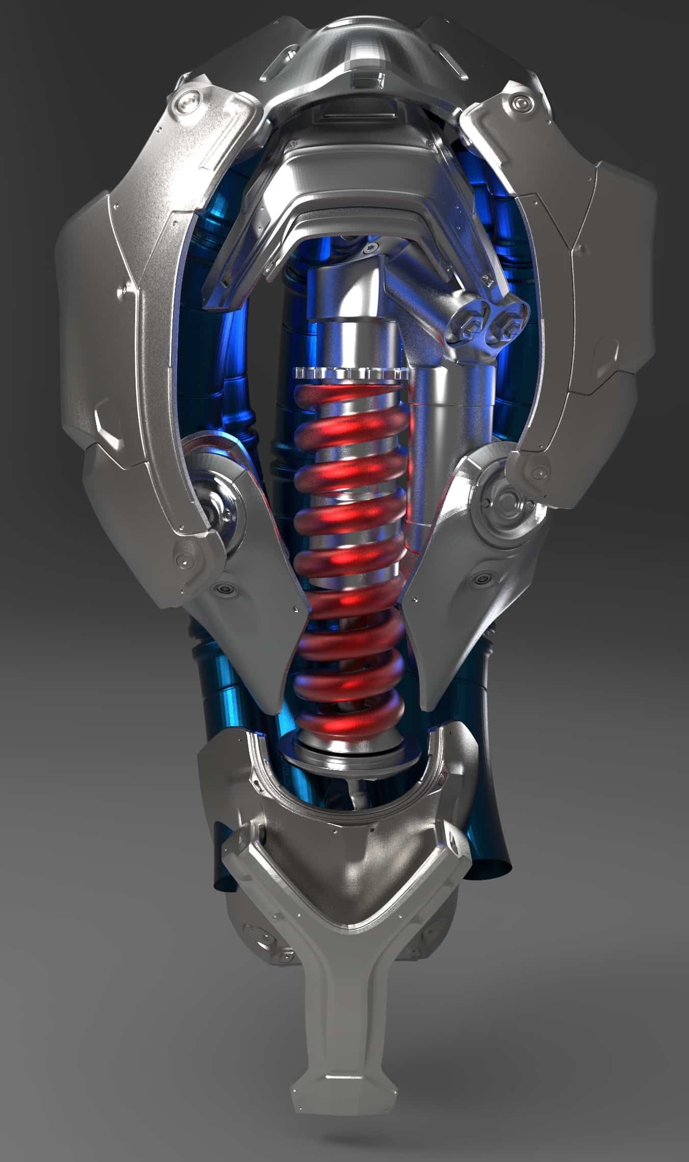 3D render of a metallic mechanical device with a red coil spring and blue accents, centered on gray background