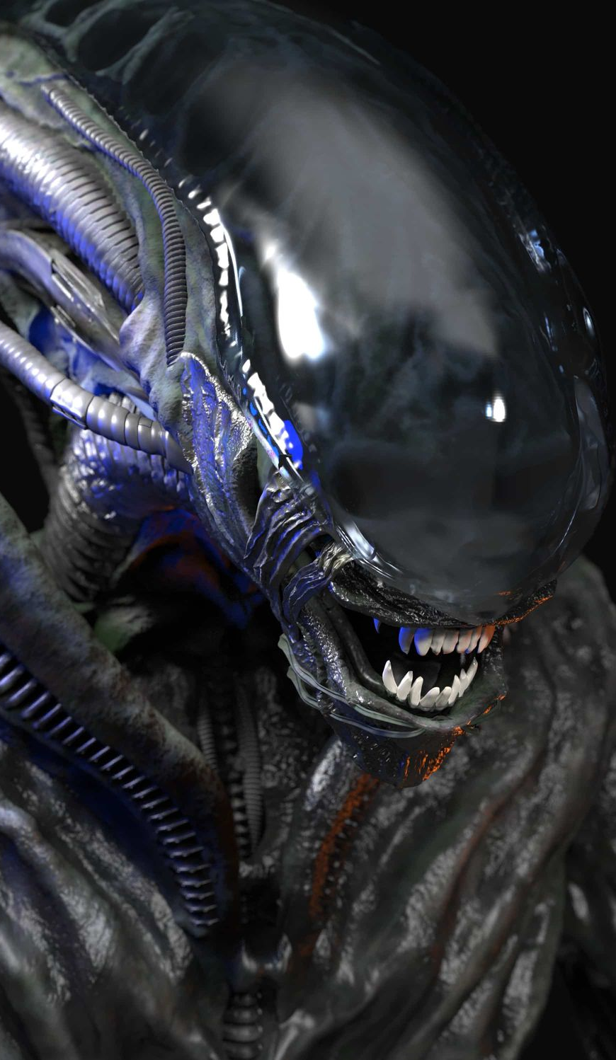 Close-up of a glossy black alien creature with blue tendrils and sharp teeth, snarling in darkness