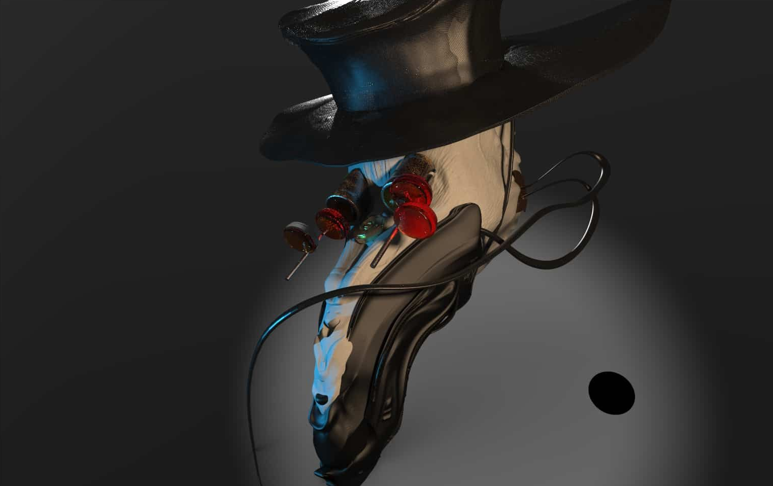 Abstract black high-heeled shoe with blue and red accents on a dark background