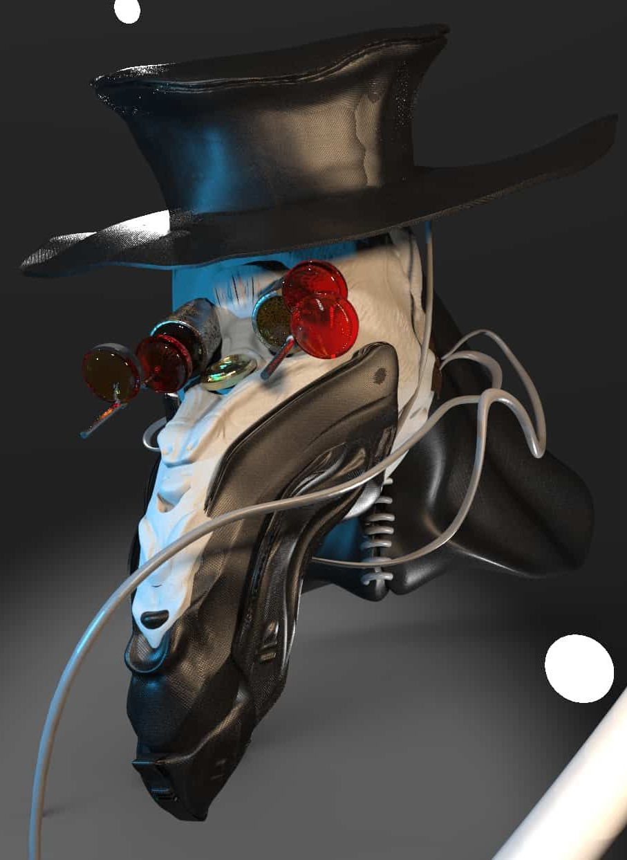 Steampunk-style robotic boot with red lenses and black top hat on a gray background