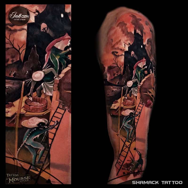 Surreal tattoo design with a dark figure, ladder, and warm red-orange moonlit background.
