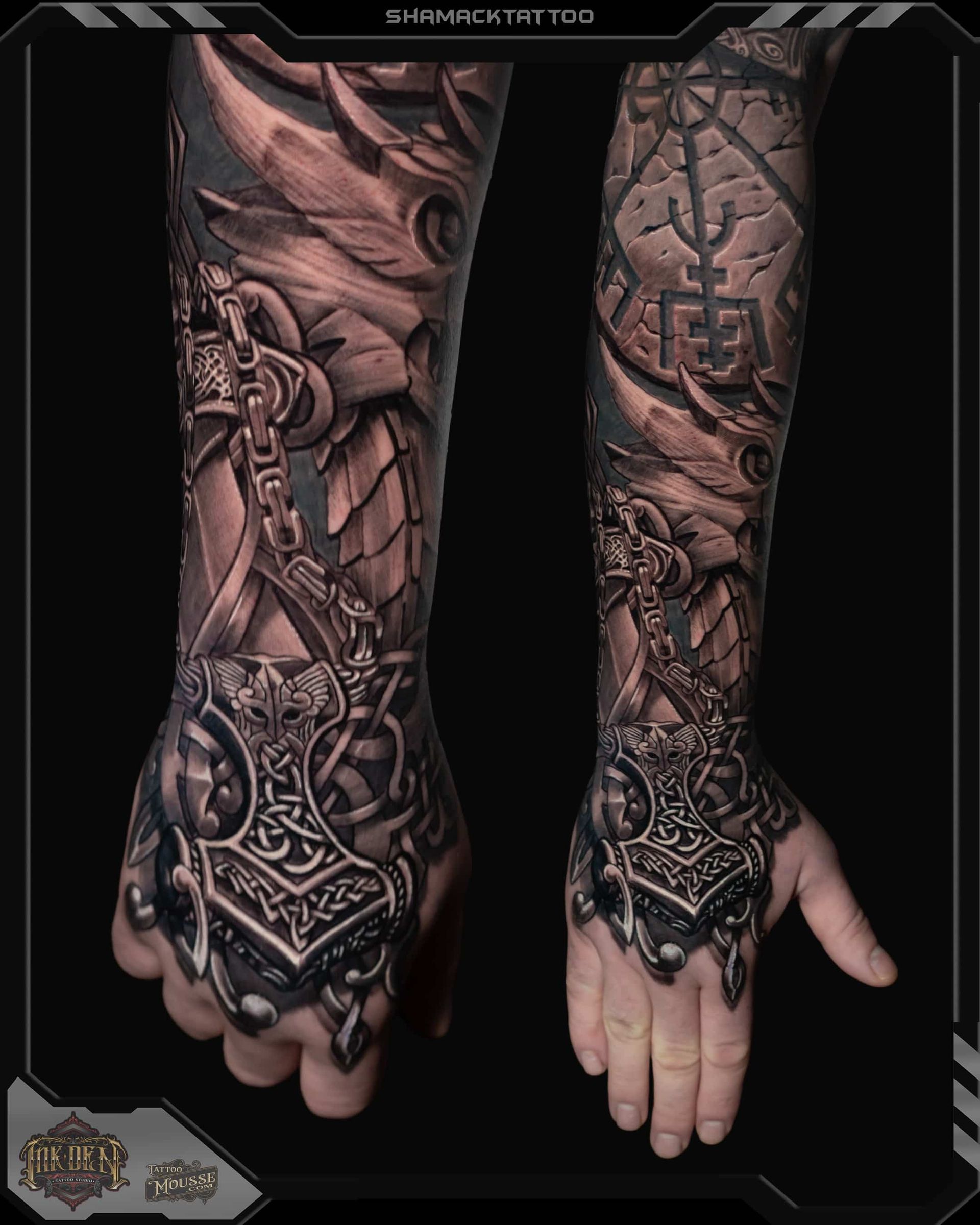 Two tattooed forearms and hands with intricate black-and-gray sleeve designs, shown side by side