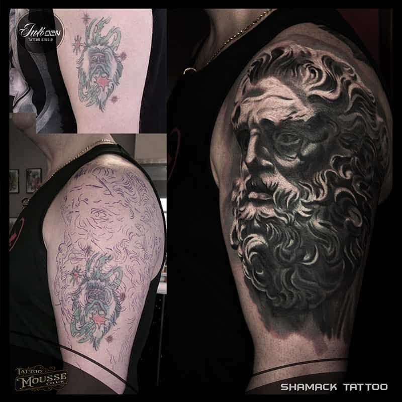 Before-and-after collage of a shoulder tattoo: faded outline and finished black-and-gray portrait design