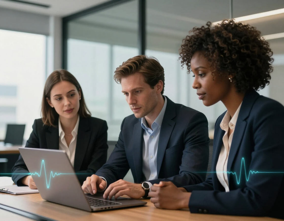 Small team of colleagues collaborating in a modern office, assisted by AI voice graphics
