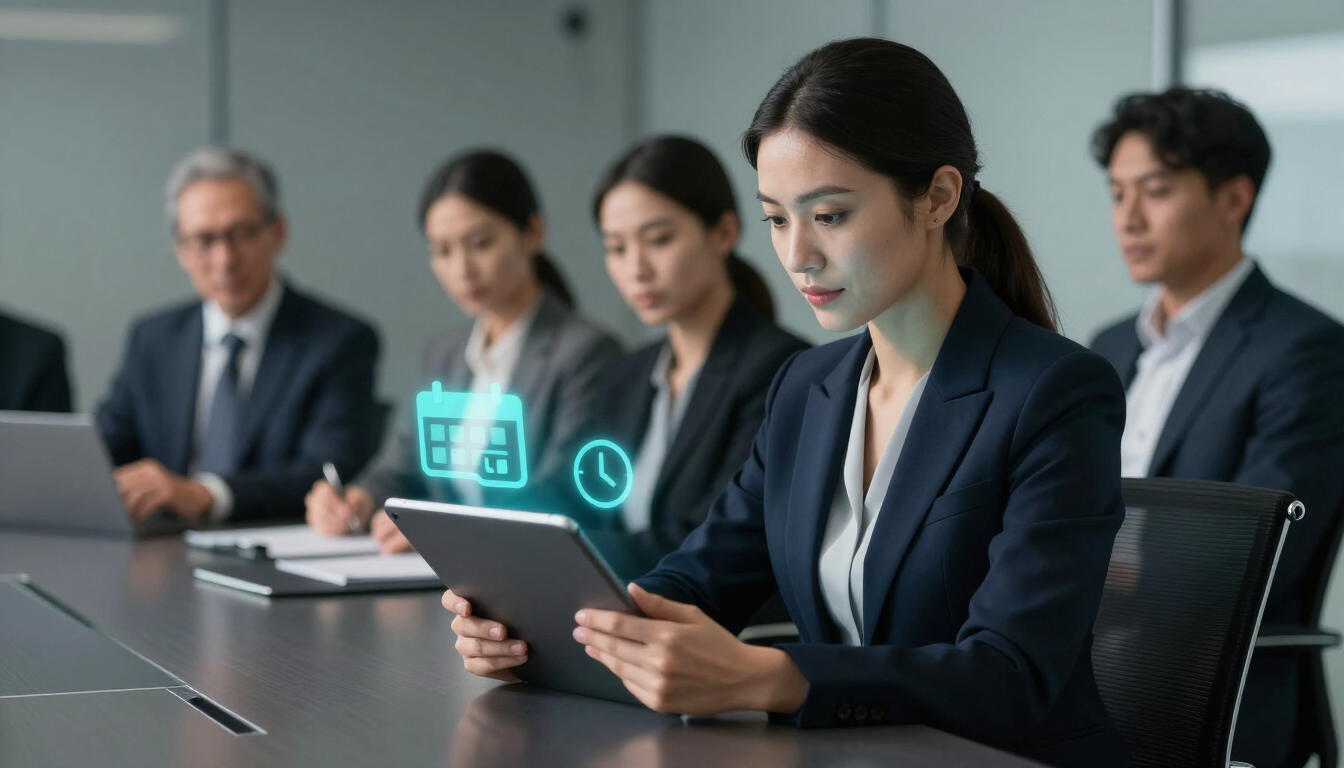 Businesswoman checking a scheduled appointment on a tablet during a meeting