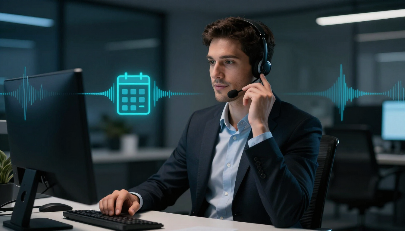 Customer service agent on a call, assisted by AI voice technology