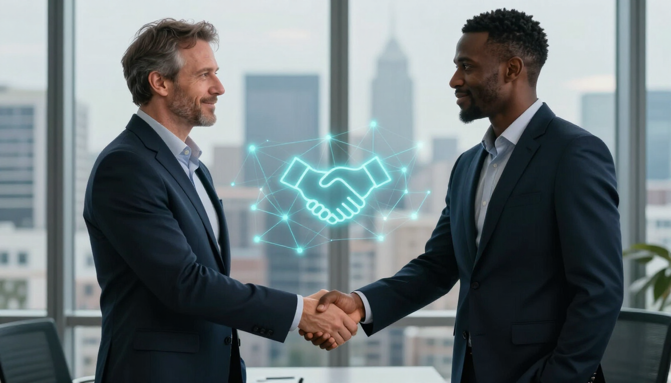 Two business people shaking hands after a successful AI-assisted sales follow-up