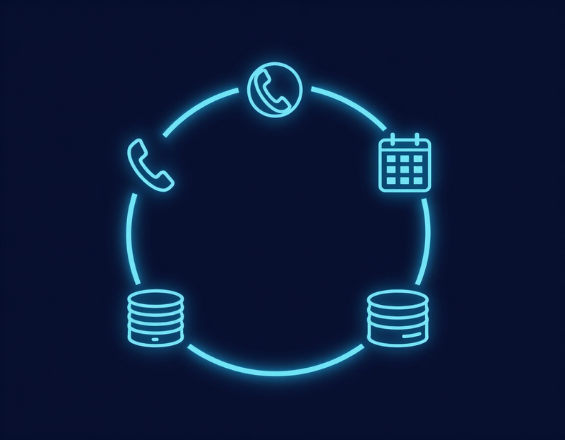 Diagram showing an AI conversation connecting into telephone, calendar, database and dashboard systems