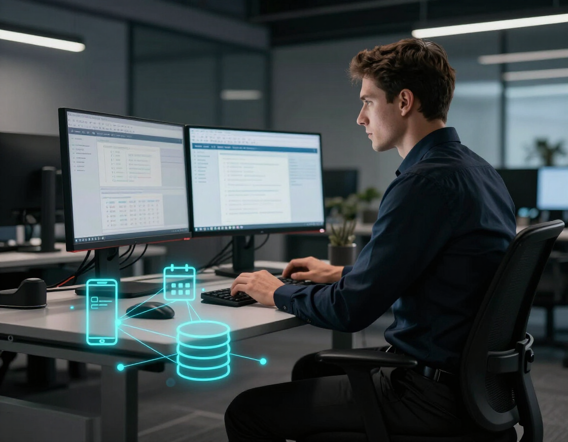 IT professional working across multiple connected systems, assisted by AI integration graphics